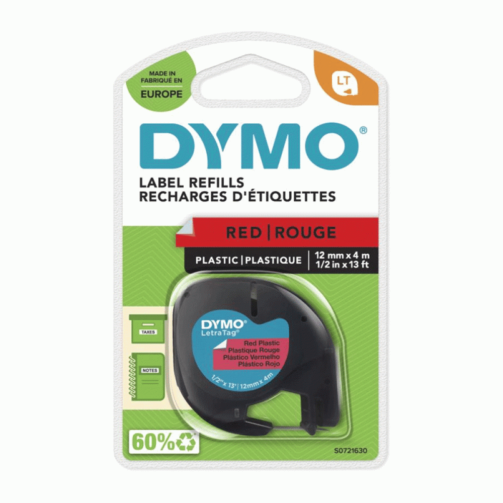 DYMO LetraTag red plastic, Labelling Tape, 12mmx4m, 91203, S0721630